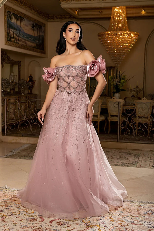 May Queen RQ8260 - Bead and Crystal Adorned A Line Gown with Puff Sleeve