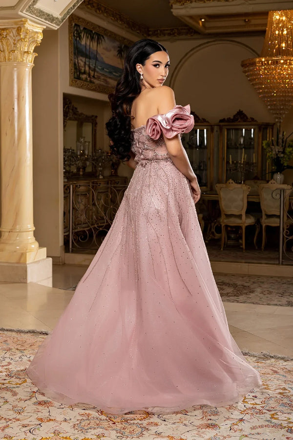 May Queen RQ8260 - Bead and Crystal Adorned A Line Gown with Puff Sleeve