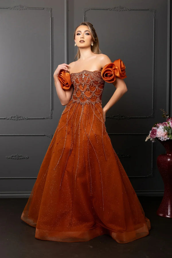 May Queen RQ8260 - Bead and Crystal Adorned A Line Gown with Puff Sleeve