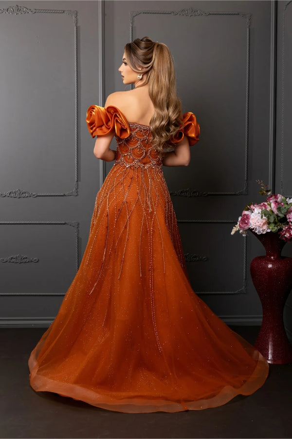 May Queen RQ8260 - Bead and Crystal Adorned A Line Gown with Puff Sleeve
