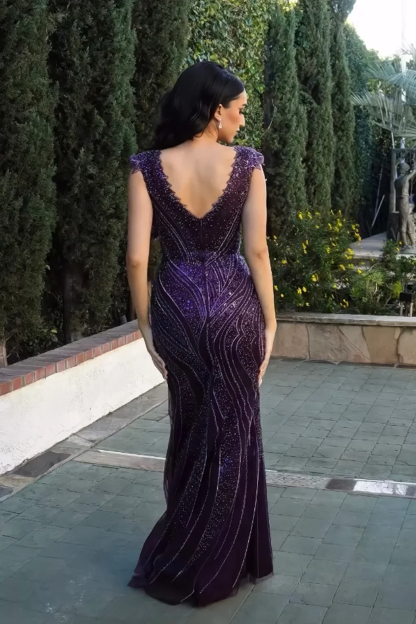 May Queen RQ8269 -Beaded V-Neck Column Gown