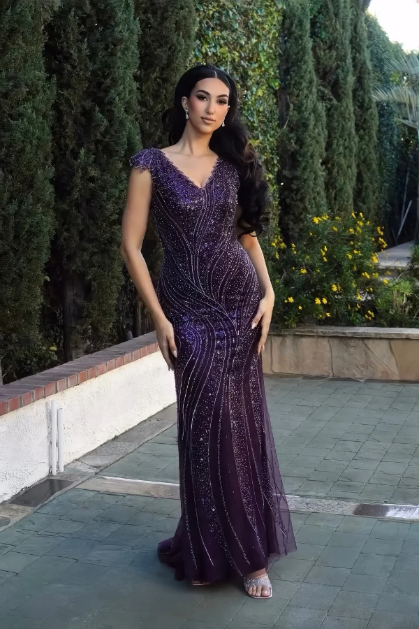 May Queen RQ8269 -Beaded V-Neck Column Gown