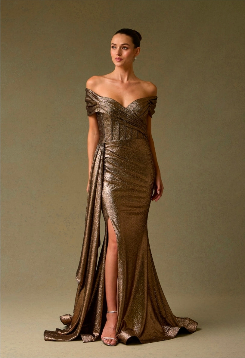 Bicici & Coty HX25986 - Metallic Jacquard Print Gown with Sheath Detail and Off The Shoulder Sleeves
