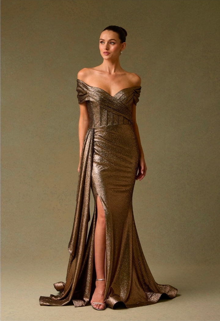 Bicici & Coty HX25986 - Metallic Jacquard Print Gown with Sheath Detail and Off The Shoulder Sleeves