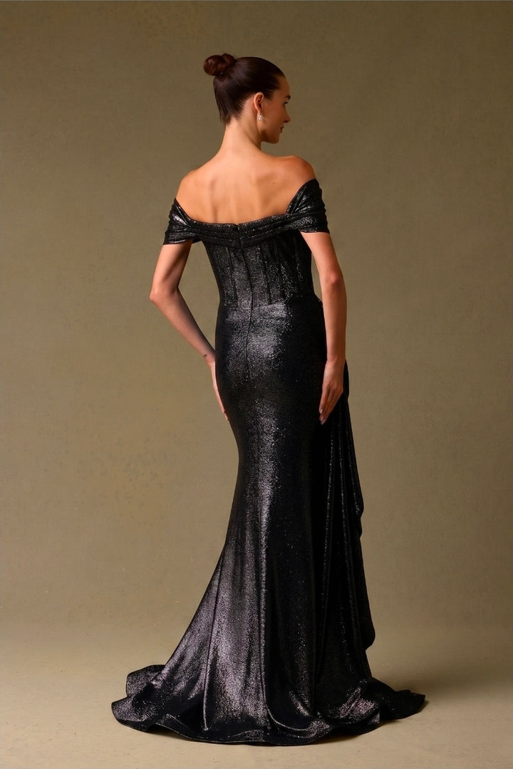 Bicici & Coty HX25986 - Metallic Jacquard Print Gown with Sheath Detail and Off The Shoulder Sleeves