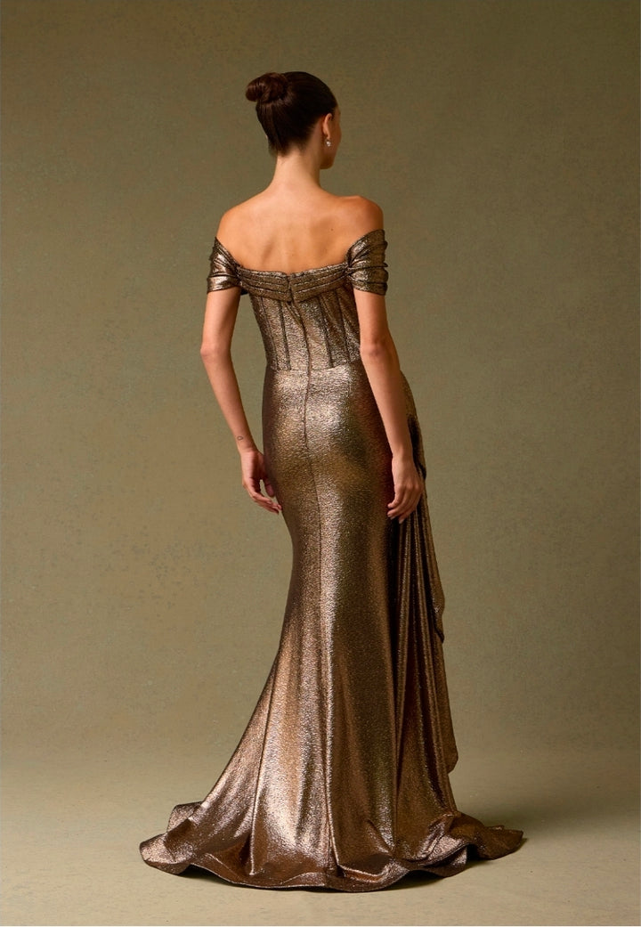 Bicici & Coty HX25986 - Metallic Jacquard Print Gown with Sheath Detail and Off The Shoulder Sleeves