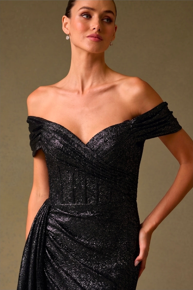 Bicici & Coty HX25986 - Metallic Jacquard Print Gown with Sheath Detail and Off The Shoulder Sleeves