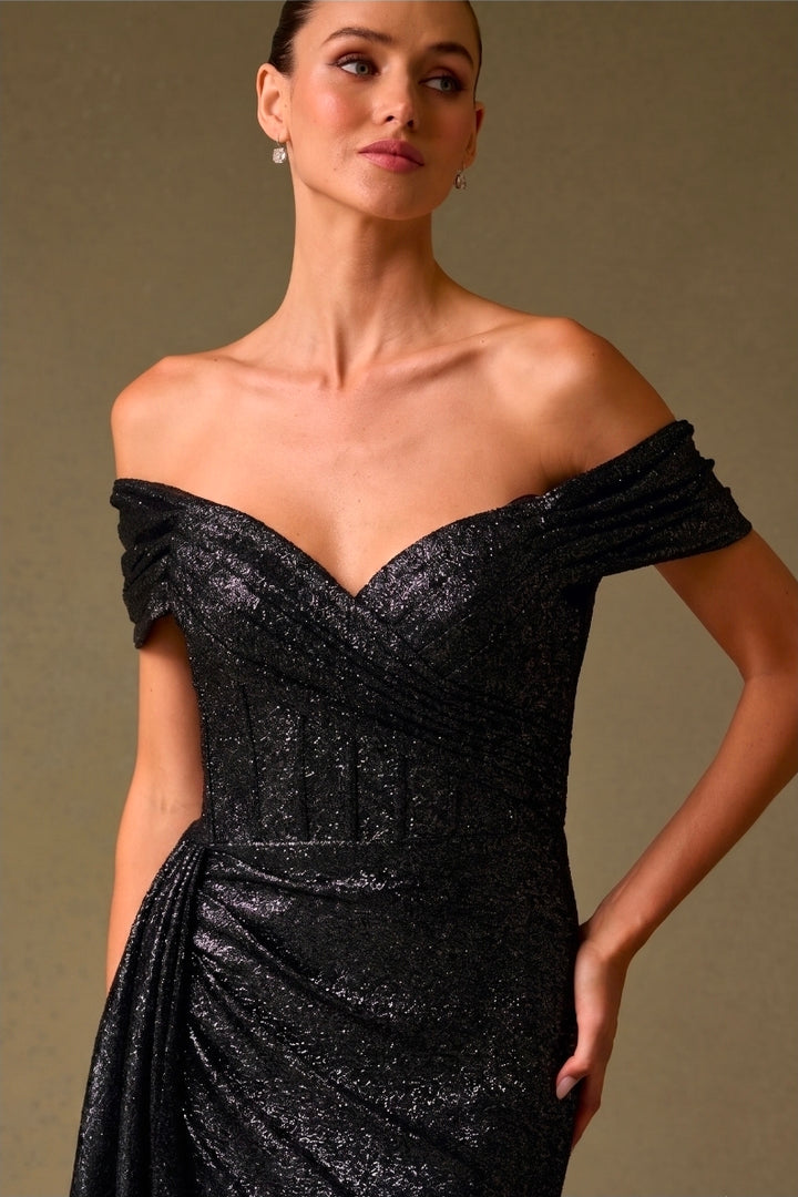 Bicici & Coty HX25986 - Metallic Jacquard Print Gown with Sheath Detail and Off The Shoulder Sleeves