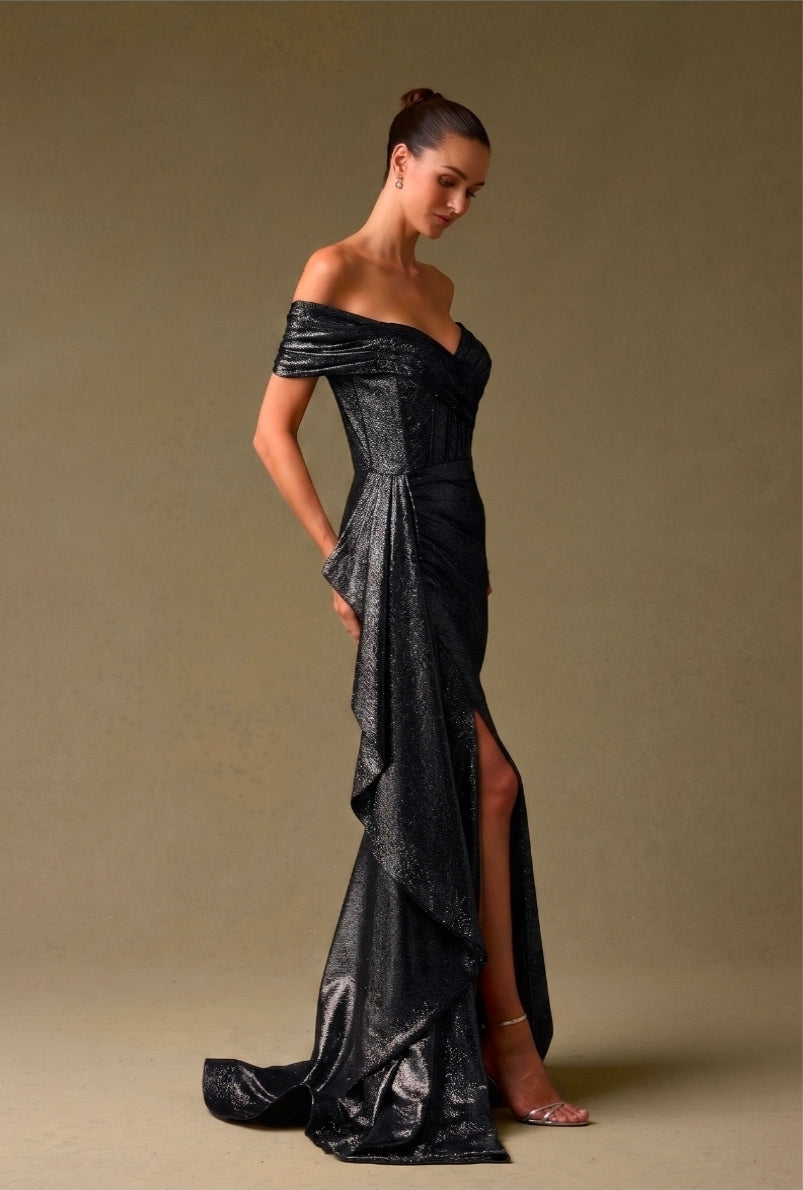 Bicici & Coty HX25986 - Metallic Jacquard Print Gown with Sheath Detail and Off The Shoulder Sleeves
