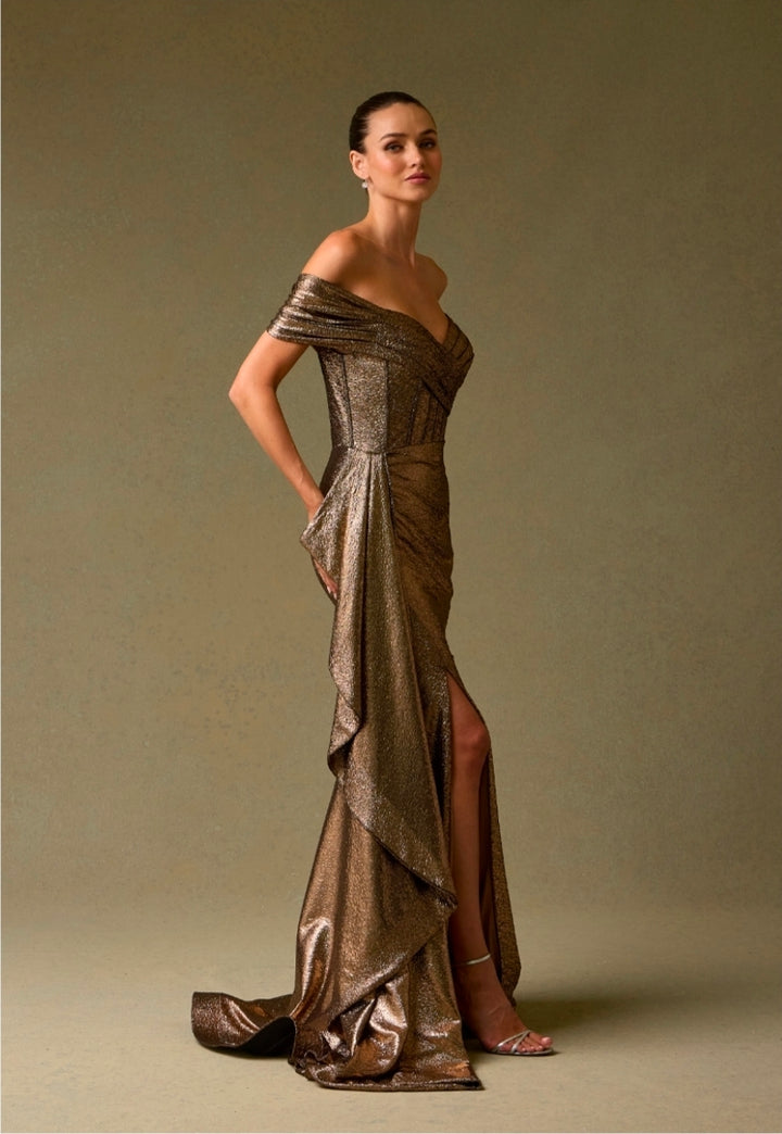 Bicici & Coty HX25986 - Metallic Jacquard Print Gown with Sheath Detail and Off The Shoulder Sleeves