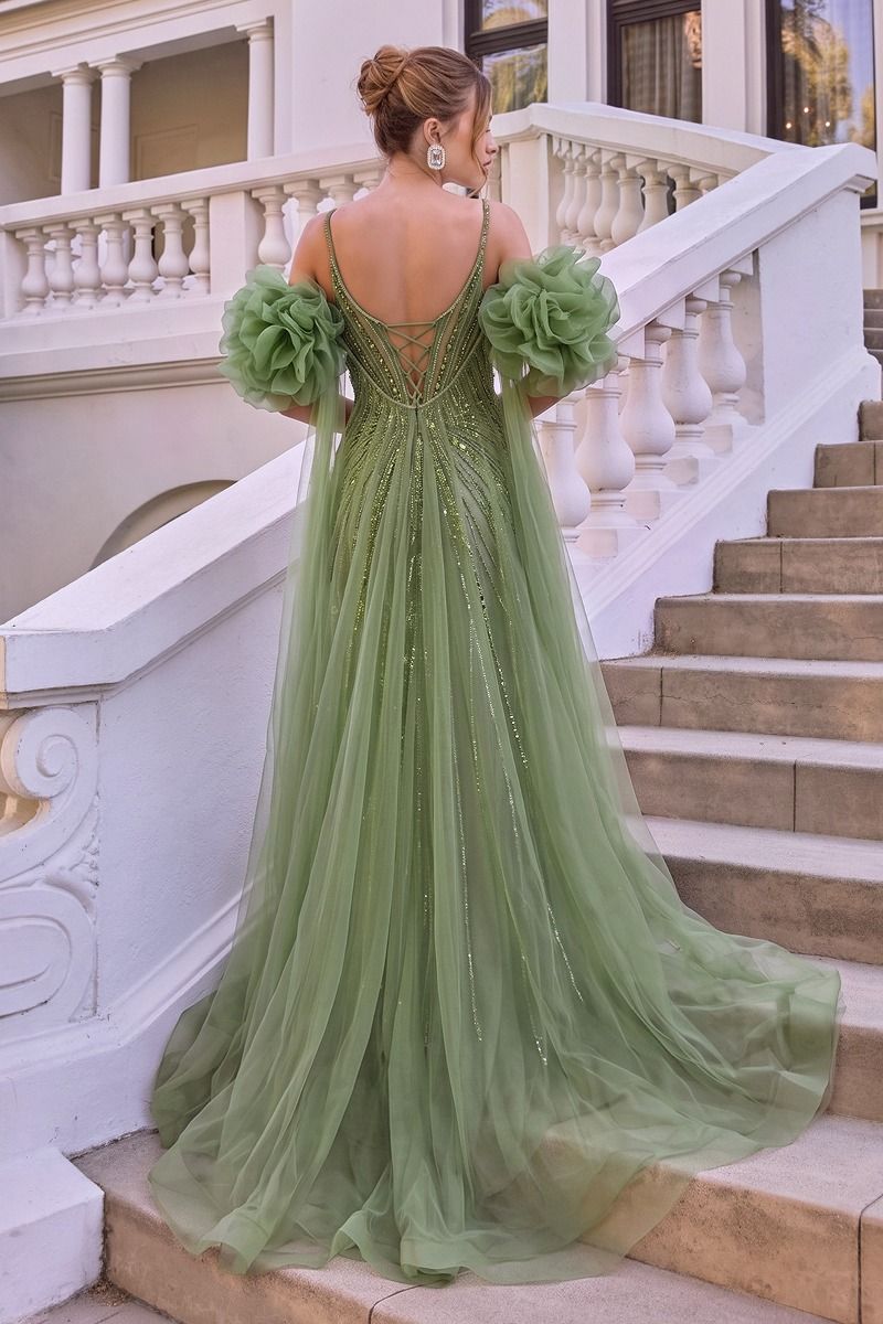 Andrea & Leo A1515 - Fitted Beaded Gown with Ruffle Tulle Cape