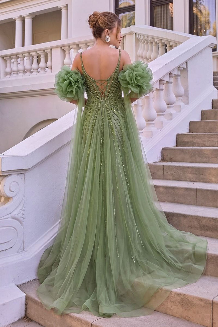 Andrea & Leo A1515 - Fitted Beaded Gown with Ruffle Tulle Cape