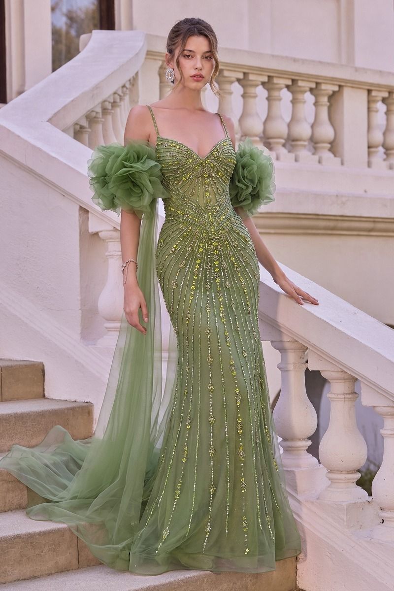 Andrea & Leo A1515 - Fitted Beaded Gown with Ruffle Tulle Cape
