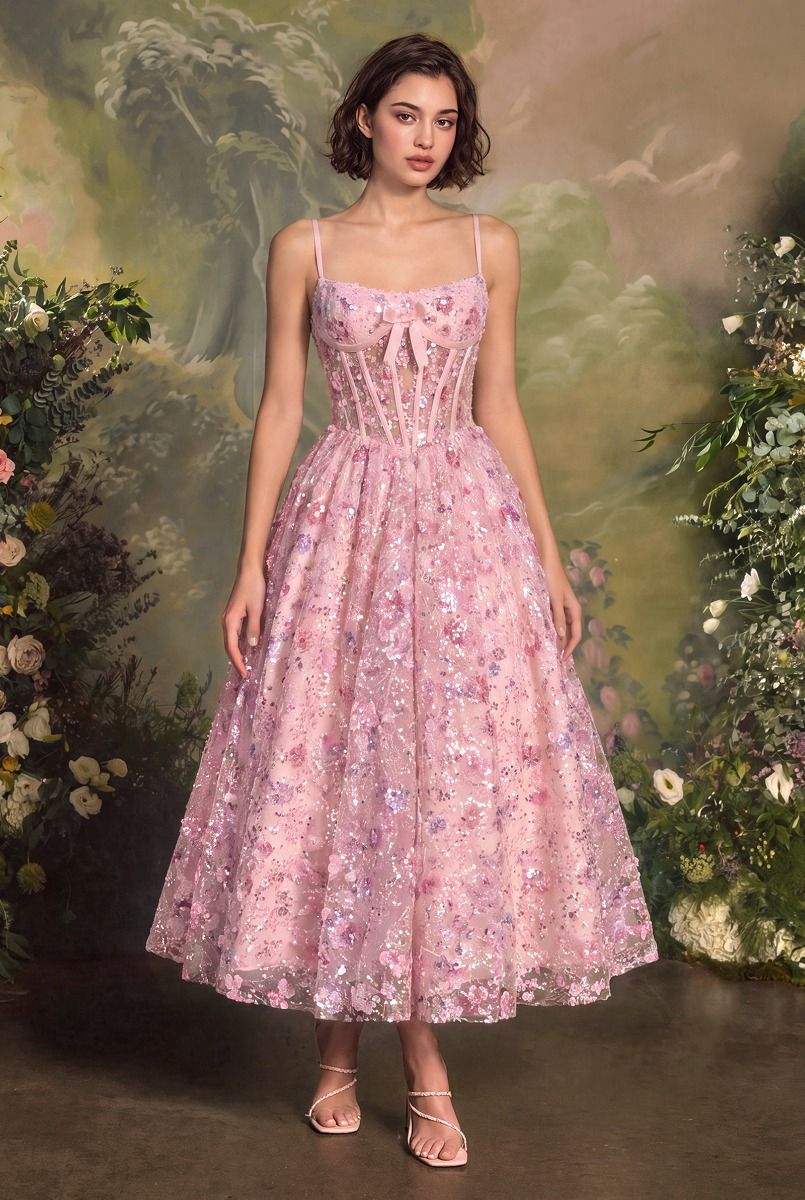 Andrea & Leo A1523 - Tea Length A Line with Embroidered Floral Tulle