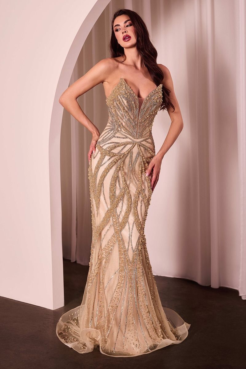 La Divine CC0688 - Pearl & Crystal Strapless Fitted Dress Gold / 10 La Divine CC0688 - Pearl & Crystal Strapless Fitted Dress Gold / 10