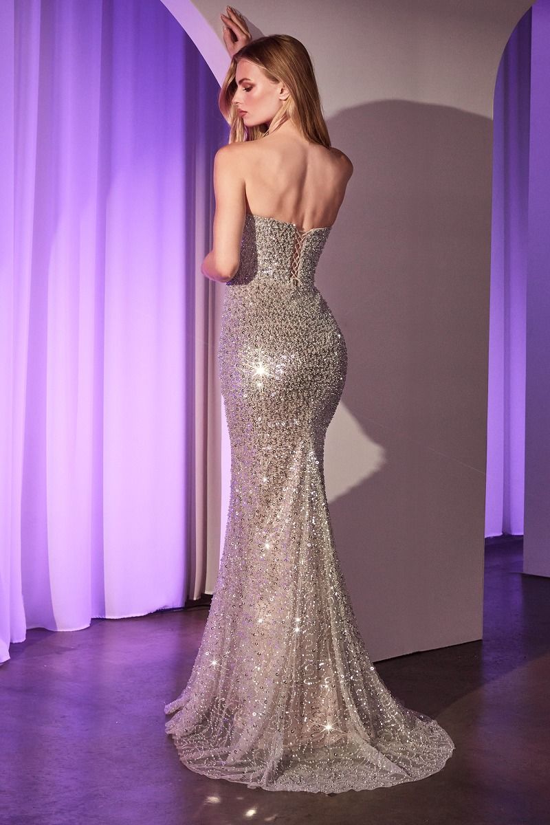 La Divine CC385 - Fully Beaded Strapless Gown Silver Nude / 6 La Divine CC385 - Fully Beaded Strapless Gown Silver Nude / 6