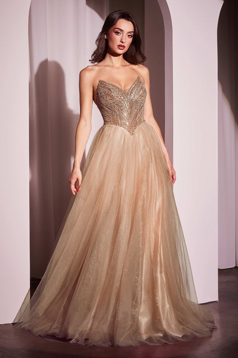 LaDivine CC415 Long A Line Formal Prom Beaded Dress - Mocha Gold / 8 LaDivine CC415 Long A Line Formal Prom Beaded Dress - Mocha Gold / 8