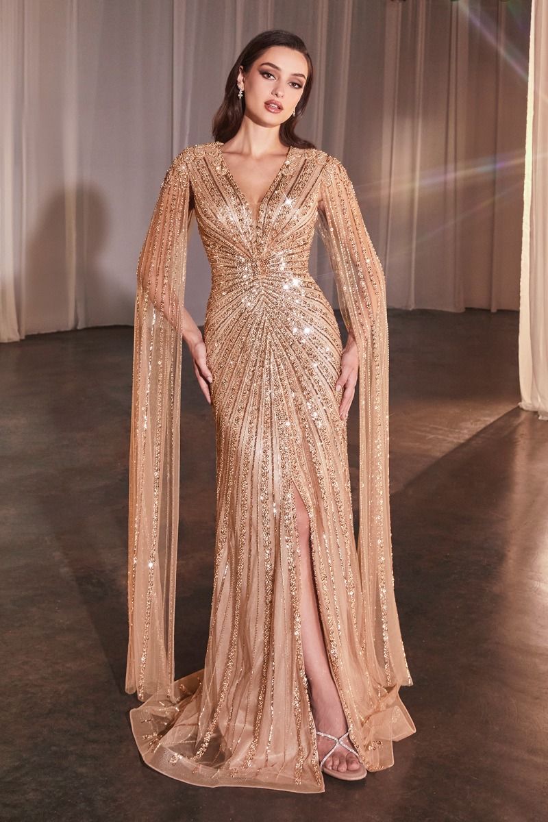 La Divine CD0239 - Long Sleeve Fully Beaded Sheath Gown Mocha Gold / 16 La Divine CD0239 - Long Sleeve Fully Beaded Sheath Gown Mocha Gold / 16