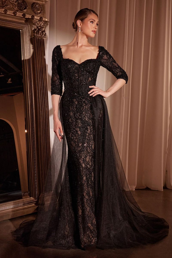 La Divine CD749 - Long Sleeve Lace Fitted Dress with Overskirt