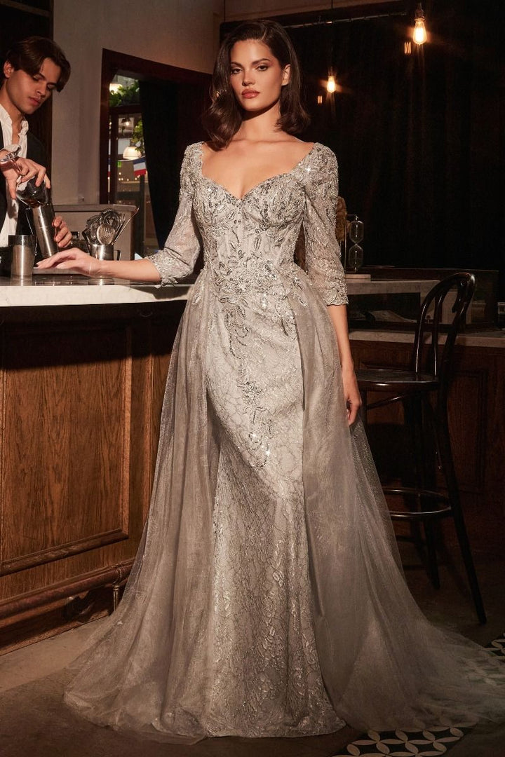 La Divine CD749 - Long Sleeve Lace Fitted Dress with Overskirt