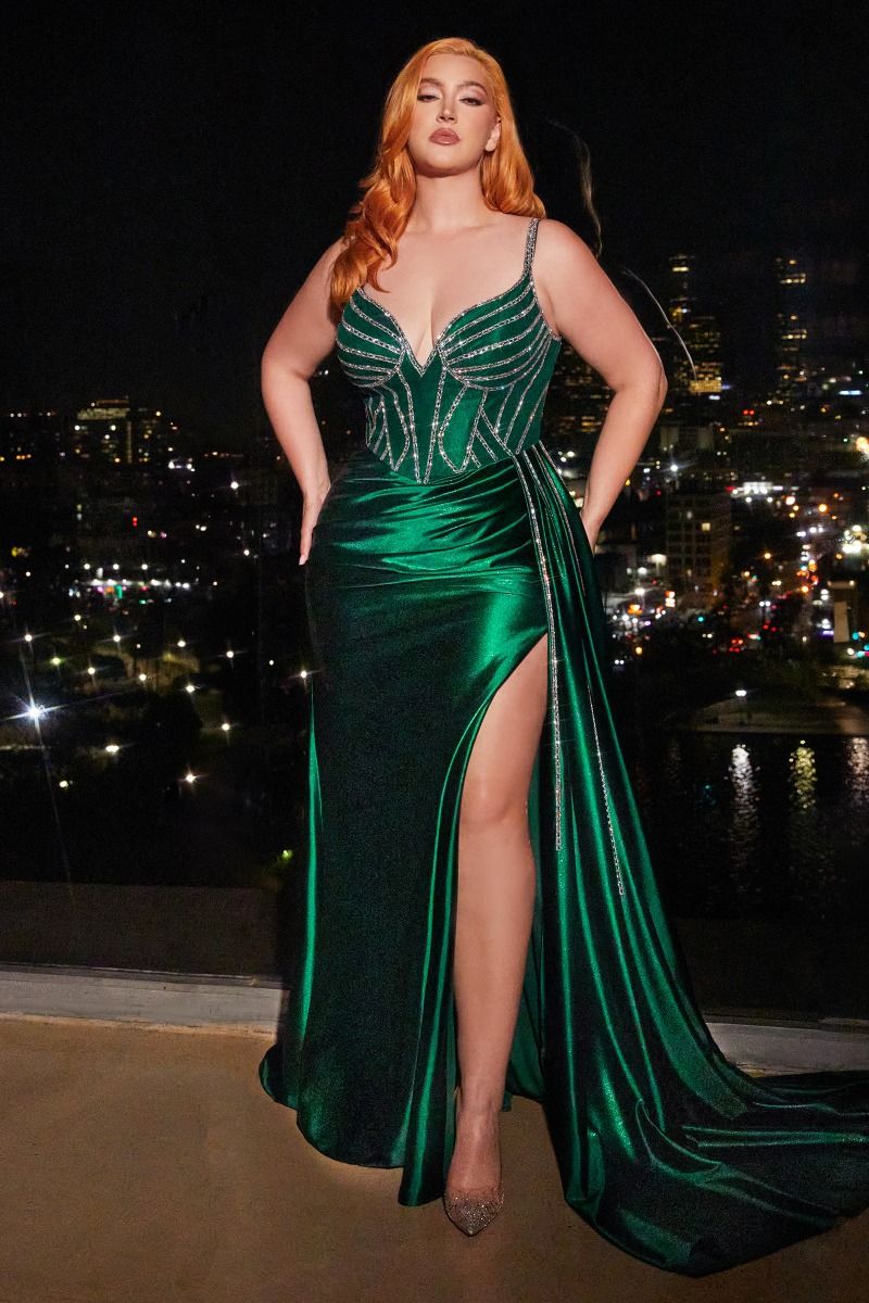 plus size satin green dress Twist-Front Long Plus-Size Prom Dress 7497C Hunter Green / 16