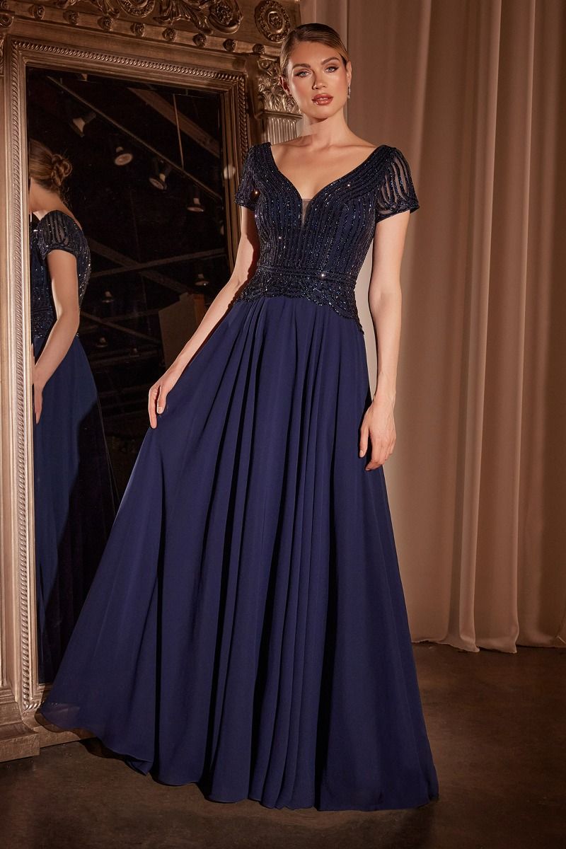 La Divine CL07 - A Line Chiffon Beaded Gown Navy / 12 La Divine CL07 - A Line Chiffon Beaded Gown Navy / 12