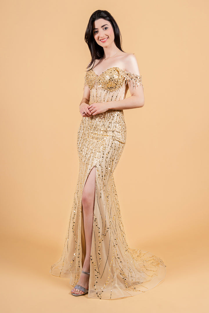 GLS Collective GL3620 - Off the Shoulder Beaded Corset Gown