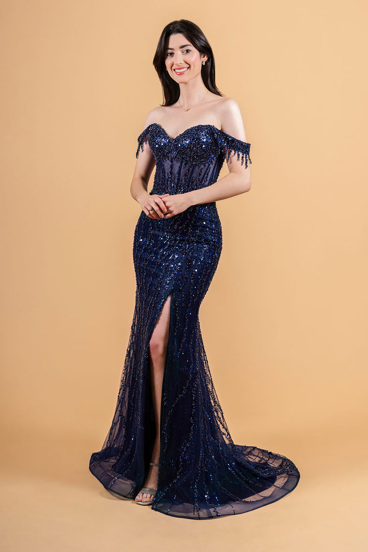 GLS Collective GL3620 - Off the Shoulder Beaded Corset Gown