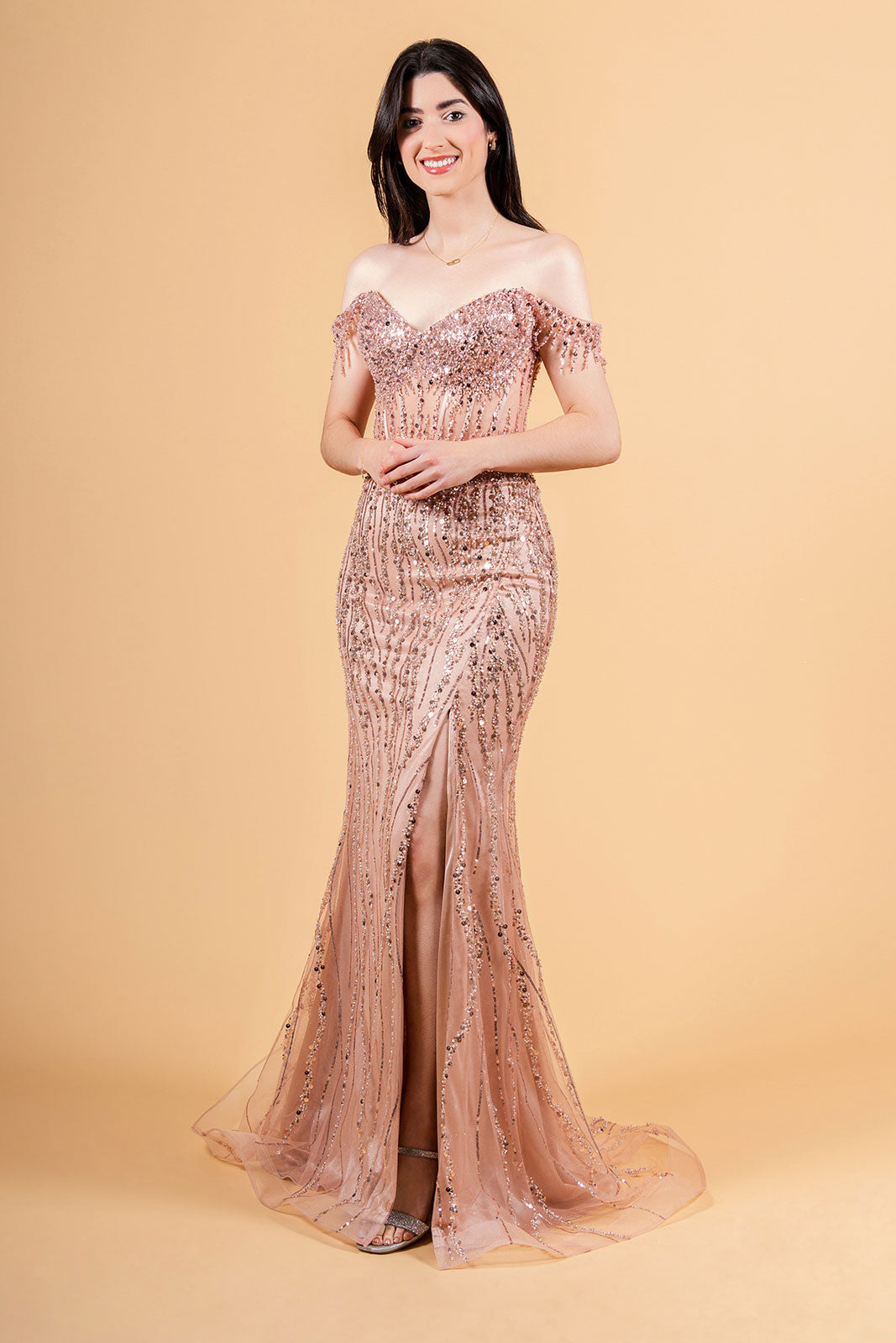 GLS Collective GL3620 - Off the Shoulder Beaded Corset Gown