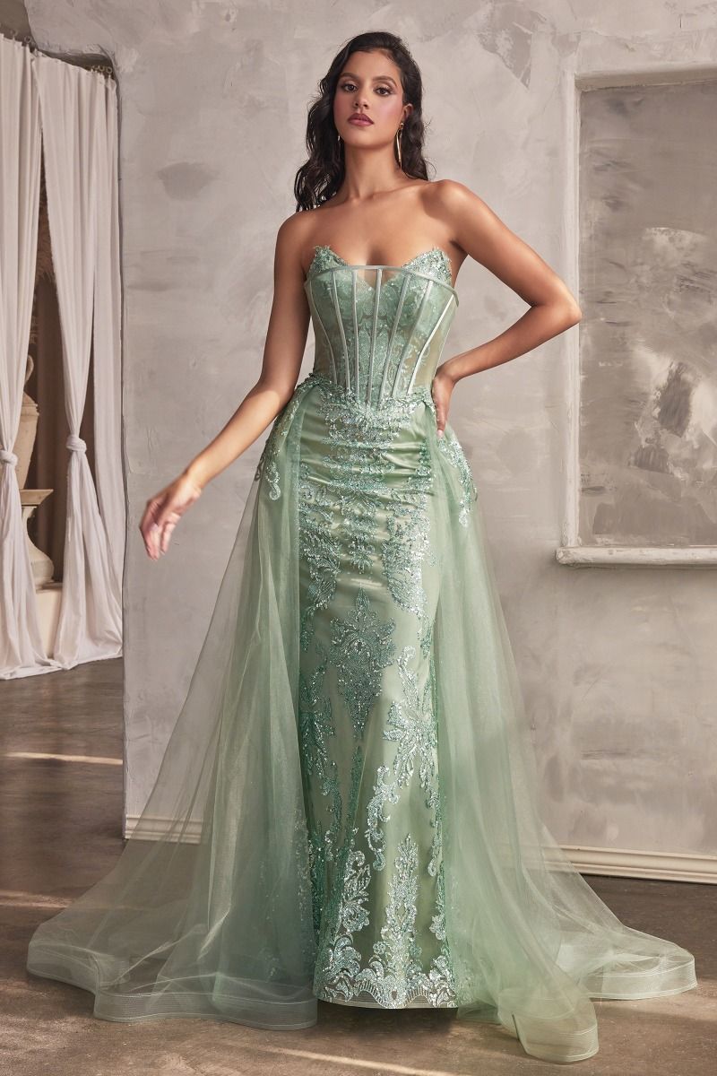 La Divine J858 - Strapless Glitter Gown with Removable Overskirt