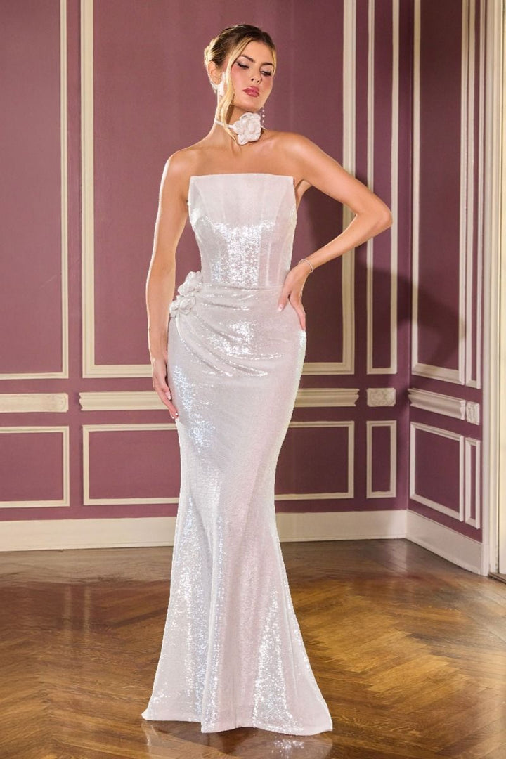 La Divine J905 - Fully Sequin Embellished Gown with Floral Appliqued Accent and Choker
