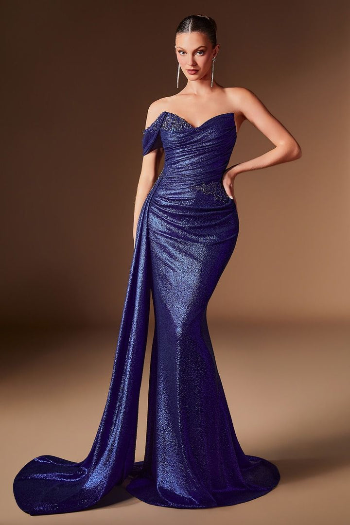 La Divine J913 - Metallic Stretch Knit Gown with Ruched Draping and Sash
