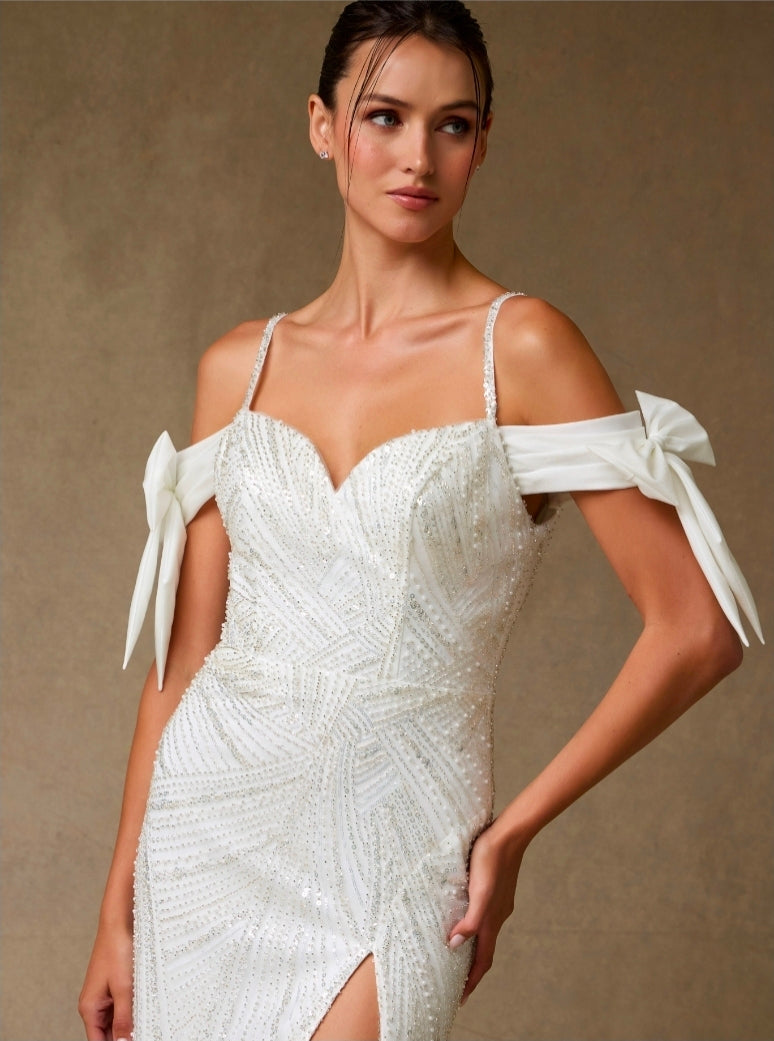 Bicici & Coty EMW8615 - Off the Shoulder Beaded Bridal Gown