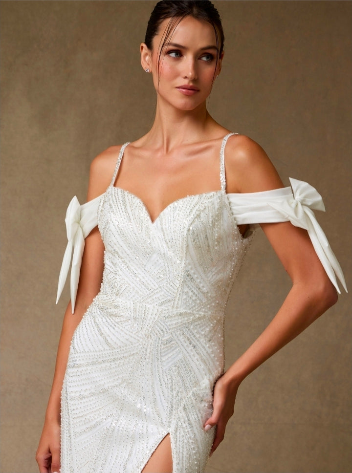 Bicici & Coty EMW8615 - Off the Shoulder Beaded Bridal Gown